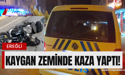 Motosiklet sürücüsü kaygan zeminde yuvarlandı!