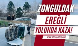 Zonguldak- Ereğli karayolunda kaza! Otomobil yan yattı!