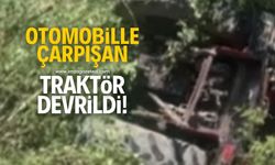 Otomobille çarpışan traktör devrildi! Yaralılar var