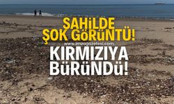 Sahilde şok görüntü! Kırmızıya büründü