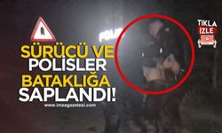 Sürücü ve polisler bataklığa saplandı!