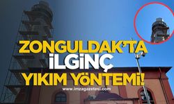 Zonguldak'ta minarenin ilginç yıkım yöntemi!