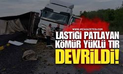 Lastiği Patlayan Kömür Yüklü Tır Devrildi!