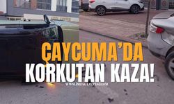 Çaycuma’da Korkutan Kaza! Park Halindeki Araca Çarpıp Ters Döndü!
