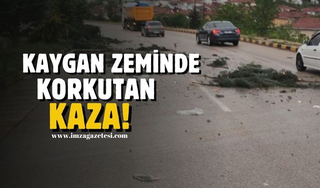 Kaygan zeminde duramadı, yan yattı!