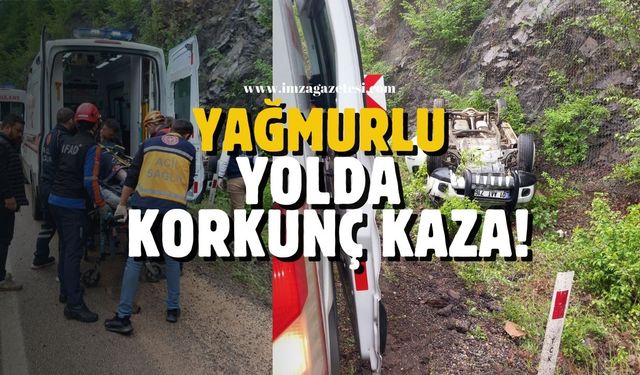 Yağmurlu yolda korkunç kaza! Otomobil ters döndü