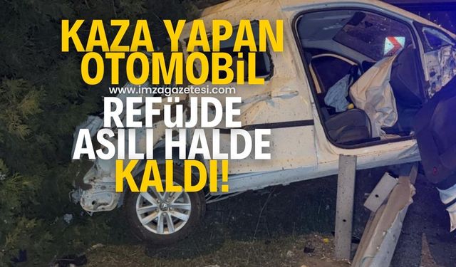 Feci kazada araç refüje asılı kaldı! Yaralılar var