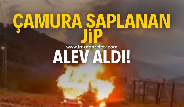 Zonguldak’ta çamura saplanan jip alev aldı.