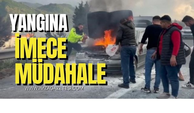 Otoyolda otomobil yangınına imece usulü müdahale!