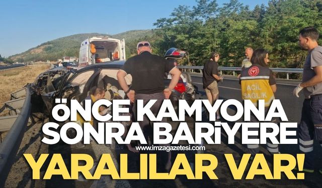 Önce kamyona sonra bariyere çarptı! Yaralılar var