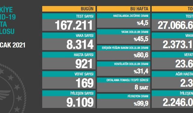 Türkiye'de son 24 saatte 8.314 korona virüs vakası tespit edildi