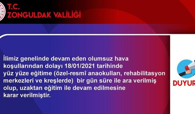 Zonguldak'ta yüz yüze eğitime kar tatili