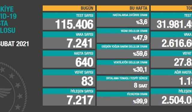 Türkiye'de son 24 saatte 7.241 koronavirüs vakası tespit edildi