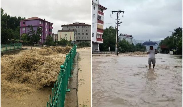 Gökçebey'de dere taştı, yollar su altında kaldı...