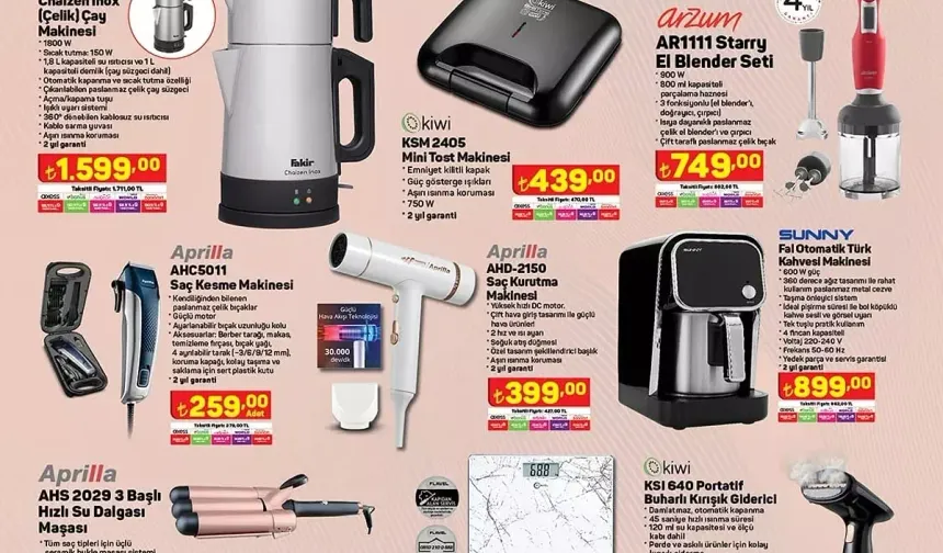 Fakir Chaizen Inox Çay Makinesi 1.599 TL

Kiwi KSM 2405 Mini Tost Makinesi 439 TL

Arzum AR1111 Starry El Blender Seti 749 TL

Aprilla Saç Kesme Makinesi 259 TL

Aprilla Saç Kurutma Makinesi 399 TL

Sunny Fal Otomatik Türk Kahvesi Makinesi 899 TL

Aprilla 3 Başlı Hızlı Su Dalgası Maşası 399 TL

Flavel Dijital Baskül 219 TL

Kiwi Portatif Buharlı Kırışık Giderici 549 TL

Maximus DP 1200 Q Quartz Isıtıcı 269 TL

Kiwi Tiftifk Temizleme Makinesi 139 TL