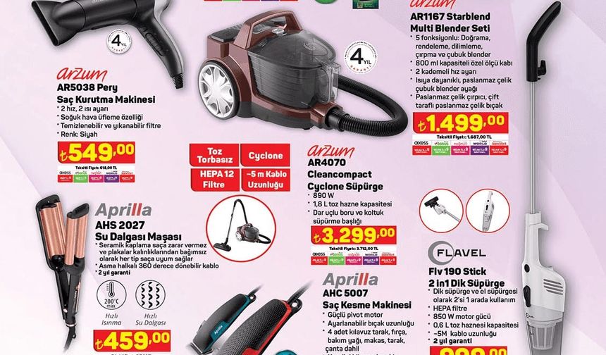 2024 katalog sayfasında yer alan elektronik ürünlerde Kiwi KAF5535 airfryer yağsız fritöz 1399 TL’den sizlerle olacak. Arzum AR1167 starblend multi blender seti 1499 TL’den satılacak. İndirimlerde Arzum saç kurutma makinesi 549 TL’den ve Cyclone süpürge 3299’TL’den sizleri bekleyecek. Aprilla su dalgası maşası 459 liradan ve saç kesme makinesi 249 liradan satılırken saç düzleştirici 199 TL fiyatla ve şarjlı saç sakal kesme makinesi 399 tl fiyatla öne çıkacak. Flavel 2 in 1 dik süpürge 999 tl fiyata sahip olarak bu hafta raflara gelecek.