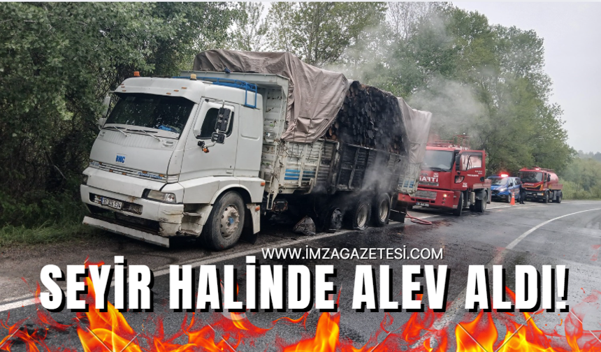 Odun yüklü kamyon seyir halindeyken alev aldı...