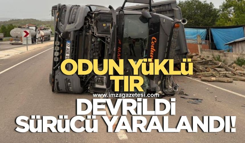 Odun yüklü tır devrildi 1 yaralı