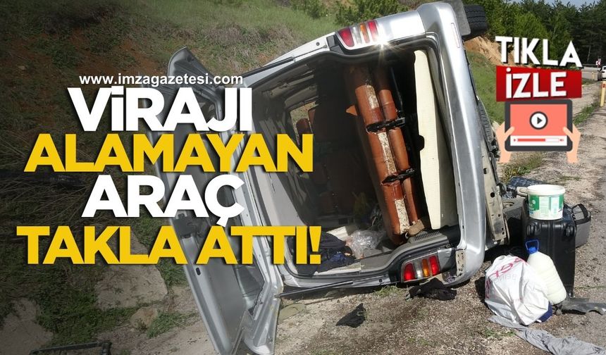 Virajı alamayan araç takla attı!