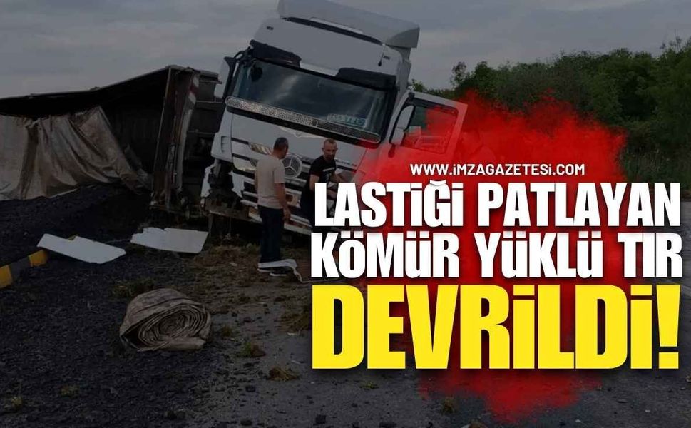 Lastiği Patlayan Kömür Yüklü Tır Devrildi!