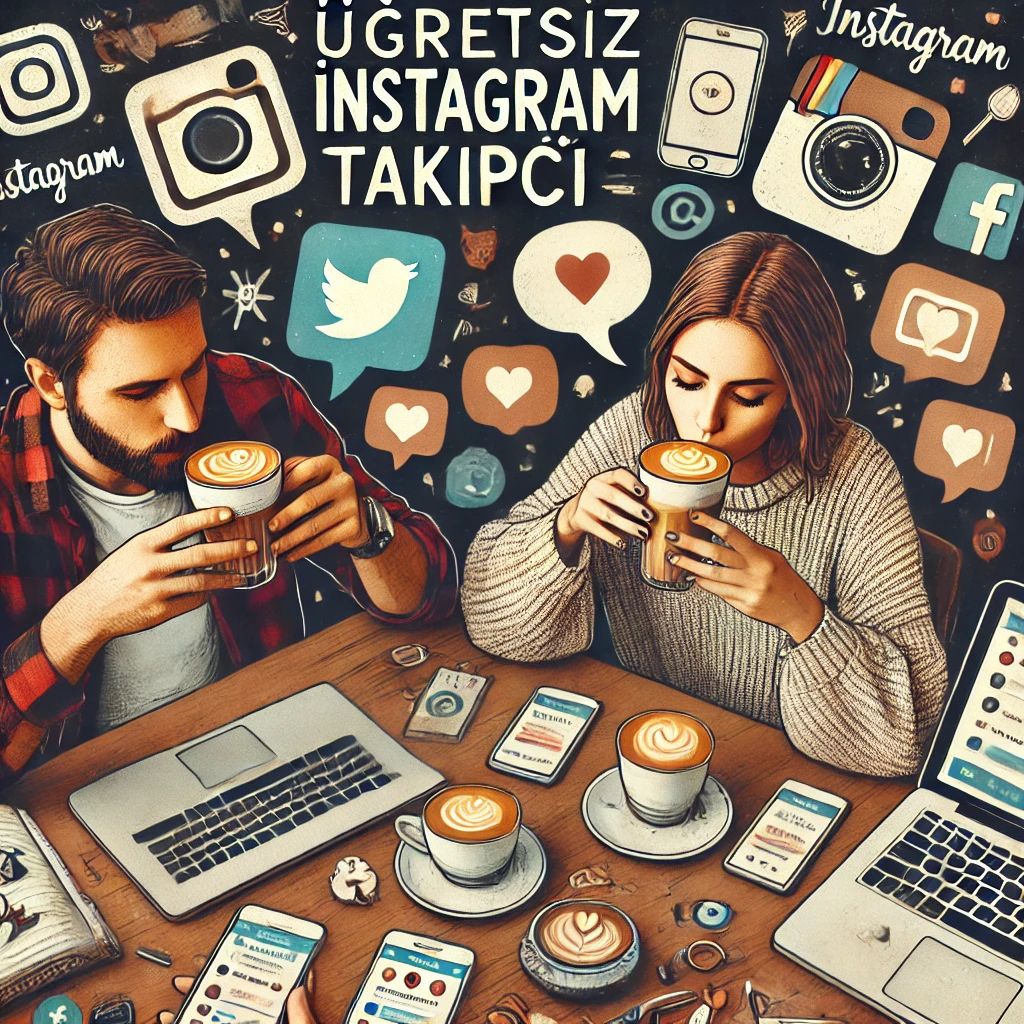 Dall·e 2024 10 22 15.14.15 A Couple Sitting In A Coffee Shop, Sipping Their Drinks While Checking Their Instagram Follower Counts On Their Phones. Around Them Are Coffee Cups, L