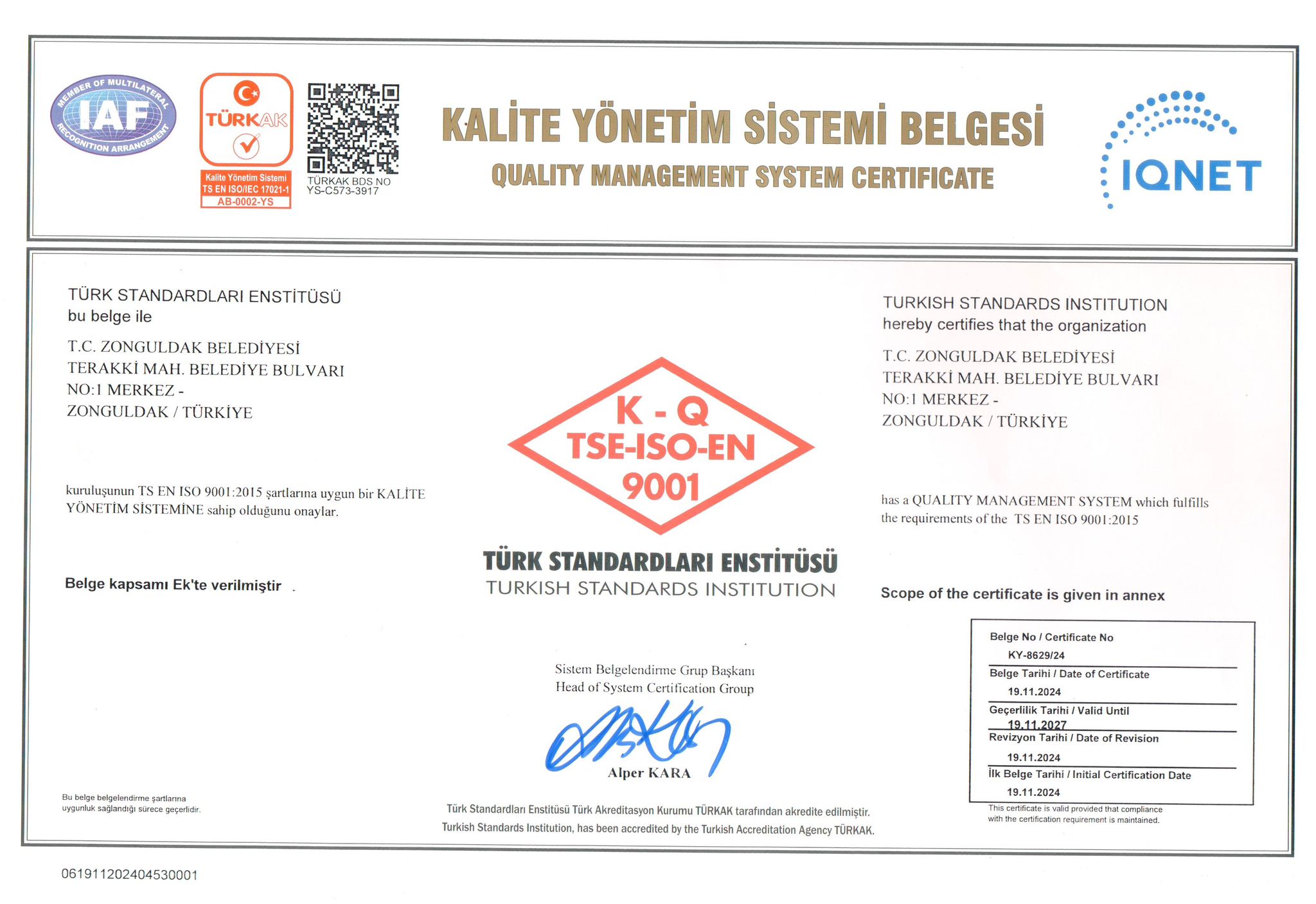 Zonguldak Belediyesi'ne Iso 9001 Kalite Belgesi Ile Büyük Adı! Zonguldak Haber (2)