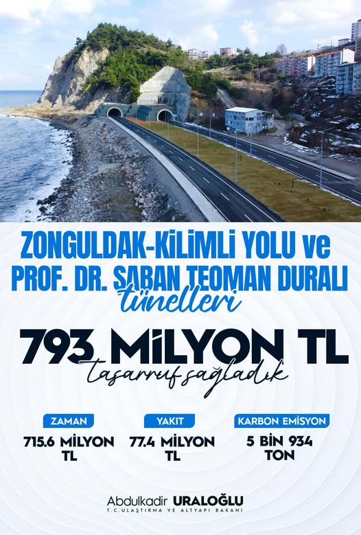 Ulaştırma Bakanı Uraloğlu paylaştı! Zonguldak-Kilimli tünelleri ile ne kadar tasarruf sağlandı?