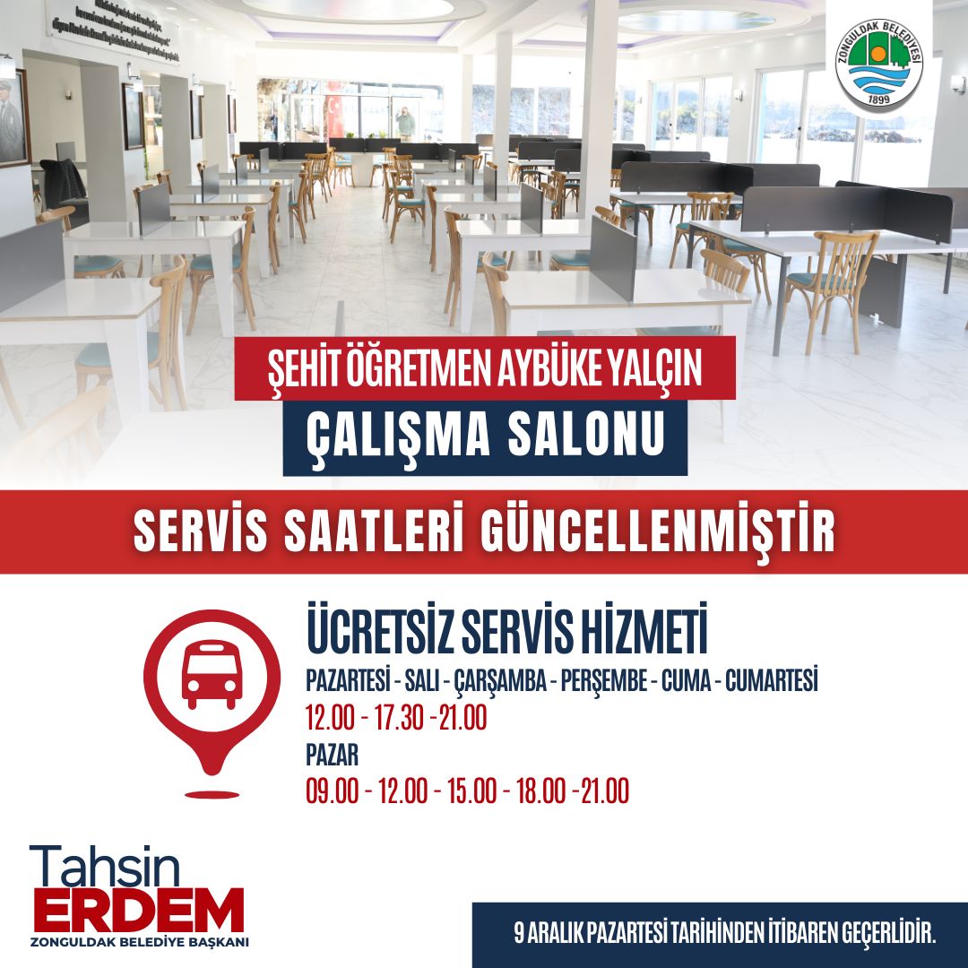 Zonguldak Belediyesi'nden Şehit Öğretmen Aybüke Yalçın Çalışma Salonu’nda Yeni Servis Saatleri |Zonguldak Haber