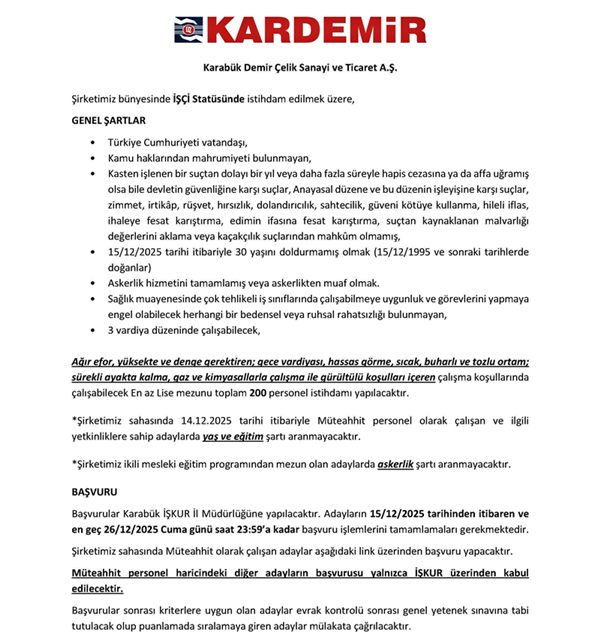 Kardemir Işçi Alım Şartı