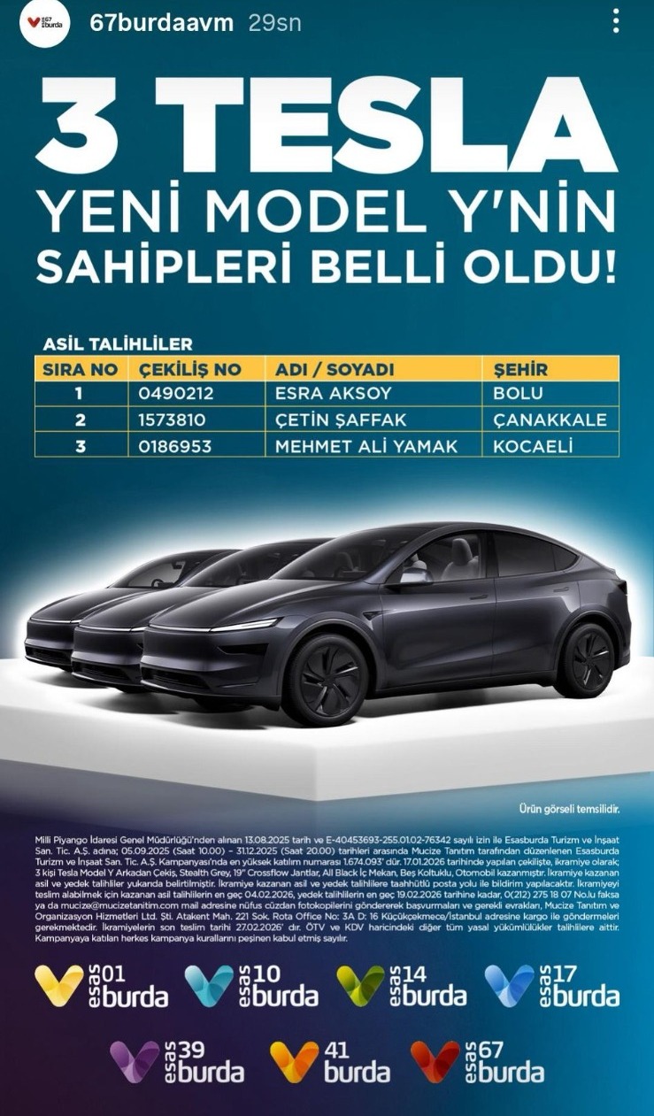 Esas 67 Burda Avm’nin Tesla Çekilişi Sonuçlandı! Imza Gazetesi