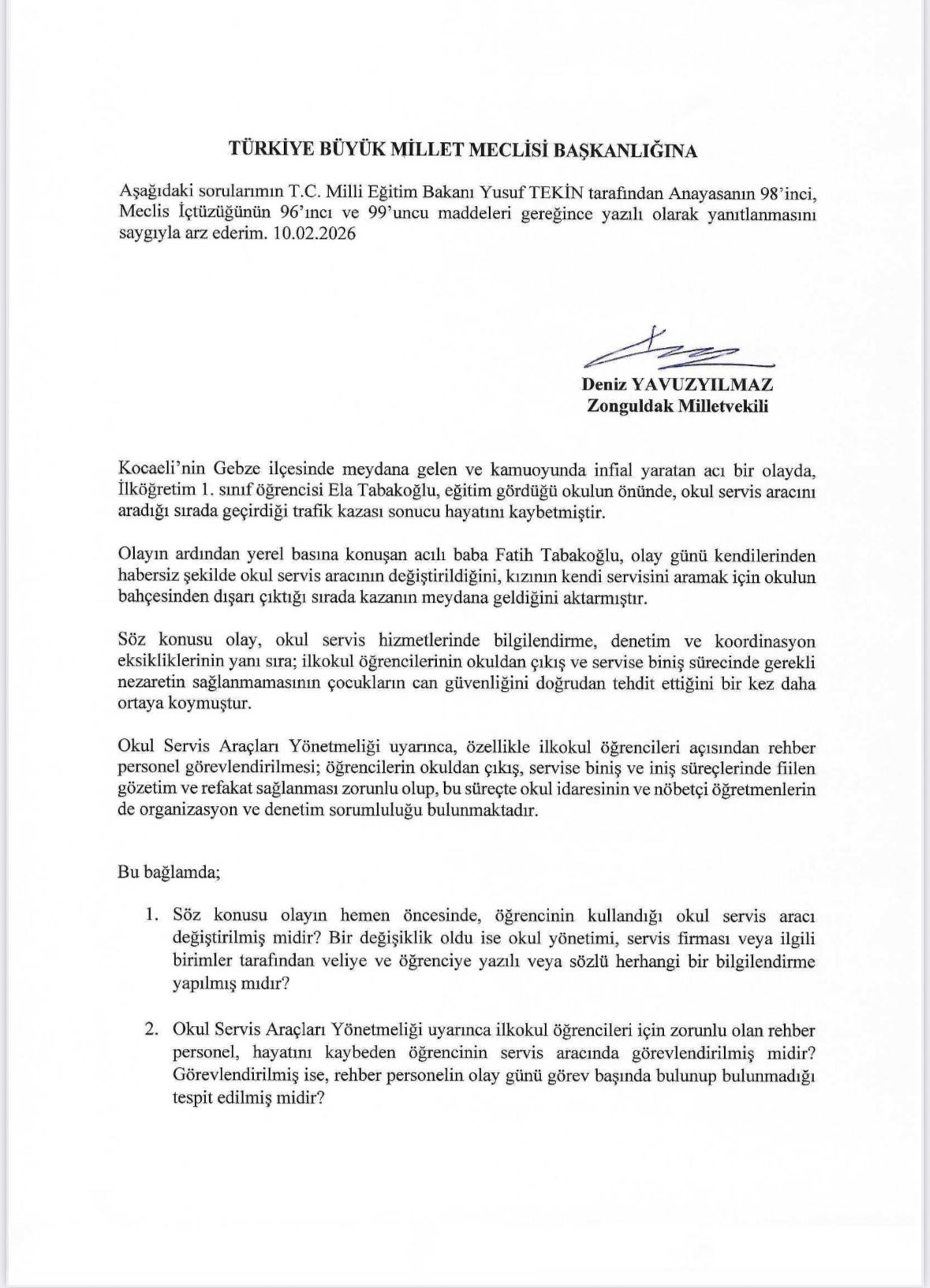 Deniz Yavuzyılmaz, Zonguldak’ı Kahreden Olayı Meclis Gündemine Taşıdı! “Ela’nın Ölümü İhmal Zincirinin Sonucu Imza Gazetesi (1)-1