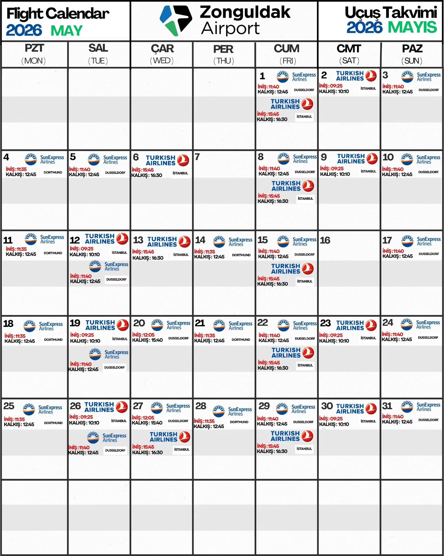 Zonguldak Uçuş Takvimi